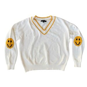 Broadway Smiley Face Elbow Patch‎ Sweater V-Neck Pullover Cute Top Medium